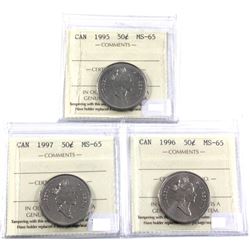 1995, 1996 & 1997 Canada 25-cent ICCS Certified MS-65. 3pcs