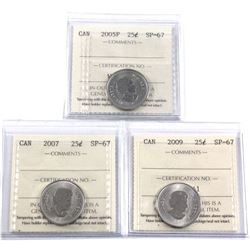 2005P, 2007 & 2009 Canada 25-cent ICCS Certified SP-67. 3pcs