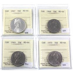1967,1968,1969 & 1970 Canada 50-cent ICCS Certified MS-64. 4pcs