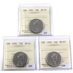 1991,1992,1993 Canada 50-cent ICCS Certified MS-65. 3pcs