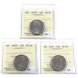2005P, 2006P & 2007 Canada 50-cent ICCS Certified MS-66. 3pcs