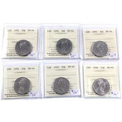 1991,1992,1993,1994,1995 & 1996 Canada 50-cent ICCS Certified MS-64. 6pcs