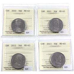 2010,2011,2012 & 2013 Canada 50-cent ICCS Certified MS-65. 4pcs