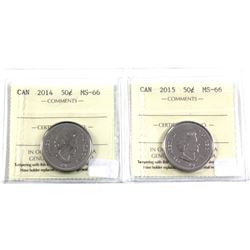 2014 & 2015  Canada 50-cent ICCS Certified MS-66. 2pcs