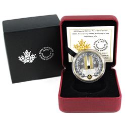 2018 Canada WWI Armistice 100th Anniversary Special Edition Proof Gold Plated Silver Dollar. (TAX Ex