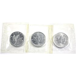 2003,2004 & 2005 Canada $5 1oz Silver Maple Leafs in original pliofilm (Tax Exempt)-toned. 3pcs