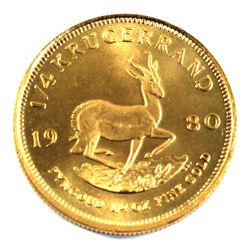 1980 South Africa 1/4oz Gold Kruggerand Brilliant Uncirculated (Tax Exempt). Coin weigh 8.48 grams a