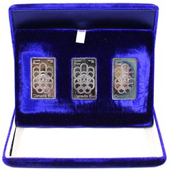 1976 Canada Montreal Olympics 3-coin Sterling Silver Stamp Shaped Set. Contains 1.5oz of Pure Silver