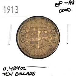 1913 Canada $10 Gold coin EF-AU (scratched). This coin is .900 fine,  weighs 16.72 grams and contain