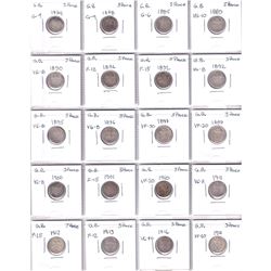 1874-1917 Great Britain 3-Pence  coins appear to range in grade from Good to VF. Please view scan fo