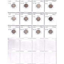 1900-1943 Great Britain 3-pence coins appear to range in grade from VG to AU. Please view scan for d