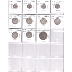 Lot of 11x 1933-1945 New Zealand coins. Lot includes 4x 3-pence, 6x 1 Shilling & 1x 1942 1/2 crown. 