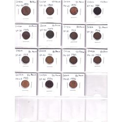 Lot of 15x 1883-1936 India 1/2 pice & 1/12th Anna coins. Coins ranges in condition from VF to MS. Pl