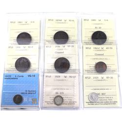 9x 1865-1929 NFLD 1-cent & 5-cent ICCS Certified. Lot includes: 1865 1c G-6, 1876H 1c VG-8, 1880 ROE