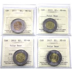 2011,2013,2015 & 2017 Polar bear $2 ICCS Certified MS-64. 4pcs