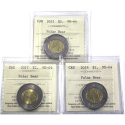 2015,2017 & 2018 Polar $2 ICCS Certified MS-64. 3pcs