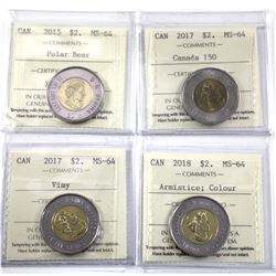 2015 Polar Bear, 2017 Canada 150, 2017 Vimy & 2018 Armistice colour ICCS Certified MS-64. 4pcs