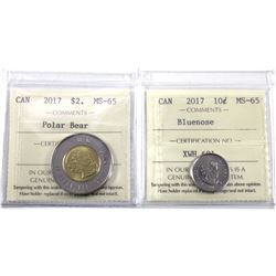 2017 Polar Bear $2 & 2017 Bluenose 10-cent ICCS Certified MS-65. 2pcs