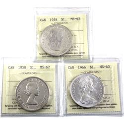 1958 & 1966 Canada Silver Dollar ICCS Certified. Lot includes 1958 MS-63, 1958 MS-62 & 1966 MS-60. 3