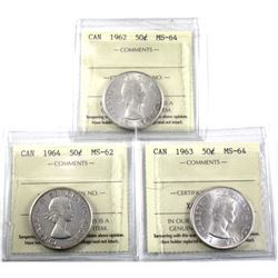 1962,1963 & 1964 Canada 50-cent ICCS Certified. Lot includes 1964 MS-62, 1963 MS-64 & 1962 MS-64. 3p