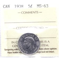 1938 Canada 5-cent ICCS Certified MS-63