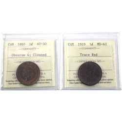 1892 Obverse 4 Large cent ICCS AU-50 (cleaned) & 1919 Large Cent ICCS Certified MS-62 ( Trace Red). 