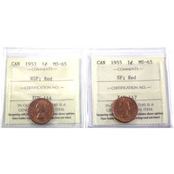 1953 NSF & 1955 SF Canada 1-cent ICCS Certified MS-65. 2pcs