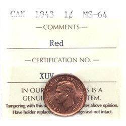 1943 Canada 1-cent ICCS MS-64