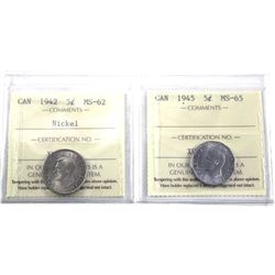 1942 Canada 5c ICCS Certified MS-62 & 1945 Canada 5c ICCS Certified MS-65. 2pcs
