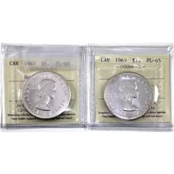 1962 Heavy Cameo  & 1963 Cameo  Canada Silver Dollar ICCS Certified PL-65. 1962 holder is impaired. 