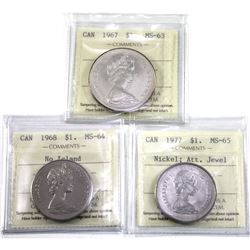 1967 MS-63, 1968 No Island MS-64 & 1977 Attached Jewel Dollar ICCS Certified. 3pcs