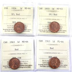 4x Canada 1-cents ICCS Certified: 1954 SF MS-64,1955 SF MS-63, 1963 MS-64 & 1963 PL-64. 4pcs
