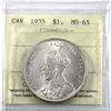 Image 1 : 1935 Canada Silver Dollar ICCS Certified MS-65