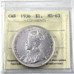 1936 Canada Silver Dollar ICCS Certified MS-63