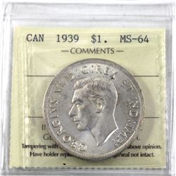 1939 Canada Silver Dollar ICCS Certified MS-64