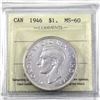 Image 1 : 1946 Canada Silver Dollar ICCS Certified MS-60
