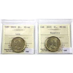 20190 Equality & 2019 Reg Loon Dollar ICCS Certified MS-66. 2pcs