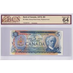 1972 $5 BC-48aA, Bank of Canada, Bouey-Rasminsky, Replacement, S/N: *CC 3186754, BCS Certified CUNC-