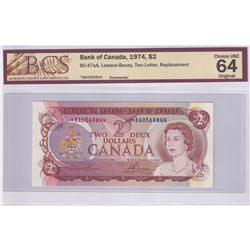 1974 $2 BC-47aA, Bank of Canada, Lawson-Bouey, Two letter,  Replacement, S/N: *BA 0560844, BCS Certi