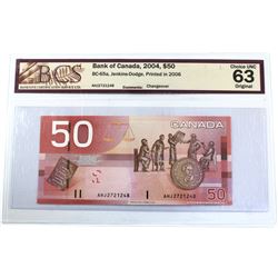 2004 $50 BC-65a, Bank of Canada, Jenkins-Dodge, Printed in 2006, S/N: AHJ 2721248, BCS Certified CUN