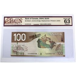 2004 $100 BC-66aA-i, Bank of Canada, Jenkins-Dodge, Replacement, Printed in 2003, S/N: EJE 4953128, 