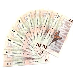 10 x 1986 $2 Canada Notes EGL with Consecutive Serial Numbers, Thiessen-Crow Signature.