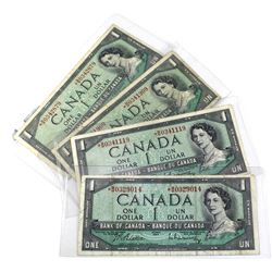 4x 1954 Bank of Canada $1 Replacement Note Beattie-Rasminsky signature with  Prefix Letters *BM 0329