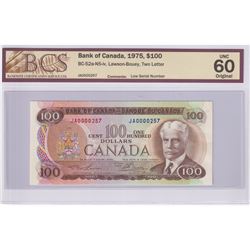 1975 BC-52a-N5-iv $100, Bank of Canada, Lawson-Bouey, Two Letter, Low Serial Number JA0000257, BCS C