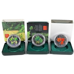 2001, 2002 & 2003 Canada 1oz Coloured Maple Leaf Fine Silver Coins (May contain light toning spots).