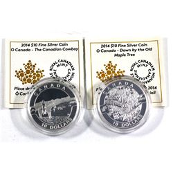 2014 Canada $10 O Canada Series Canadian Cowboy & Down by the old maple tree Fine Silver Coins Encap