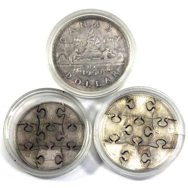 Very Unique! Lot of 2x Puzzle Piece Coins - One 1966 Silver Dollar, One 1985 Nickel Dollar and an En