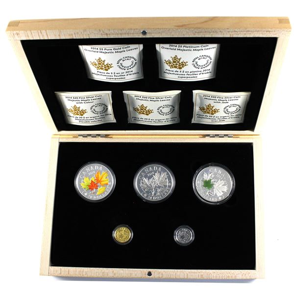 2014 Canada Majestic Maple Leaves 5-coin Silver, Gold & Platinum Set in Deluxe Display Box. This set