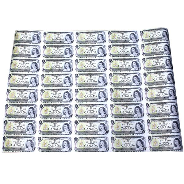*1973 Canada $1 Uncut Sheet of 40 Notes in 5x8 Format - BFD Prefix. Sheet is a bit ruffled with seve