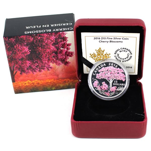 2016 Canada $15 Cherry Blossoms Fine Silver Coin. (TAX Exempt)